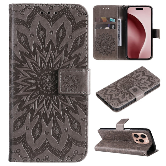 For iPhone 16 Pro Embossed Sunflower Pattern Flip Leather Phone Case(Grey) - iPhone 16 Pro Cases by buy2fix | Online Shopping UK | buy2fix