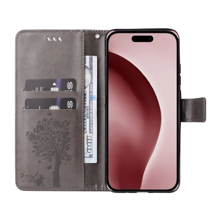 For iPhone 16 Pro Tree & Cat Embossed Pattern Flip Leather Phone Case(Grey) - iPhone 16 Pro Cases by buy2fix | Online Shopping UK | buy2fix