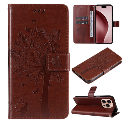 For iPhone 16 Pro Tree & Cat Embossed Pattern Flip Leather Phone Case(Coffee) - iPhone 16 Pro Cases by buy2fix | Online Shopping UK | buy2fix