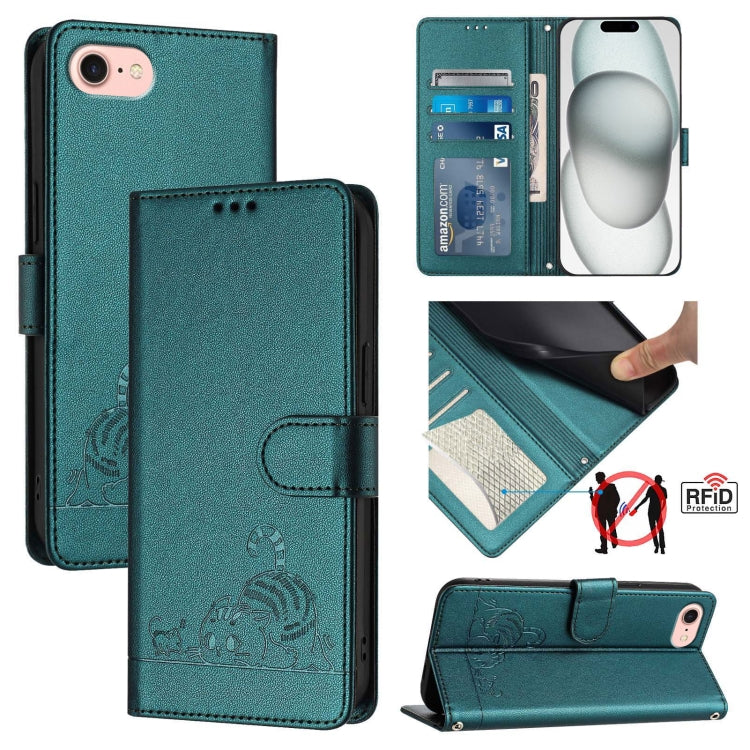 For iPhone SE 2024 Cat Rat Embossed Pattern RFID Leather Phone Case with Lanyard(Peacock Green) - More iPhone Cases by buy2fix | Online Shopping UK | buy2fix