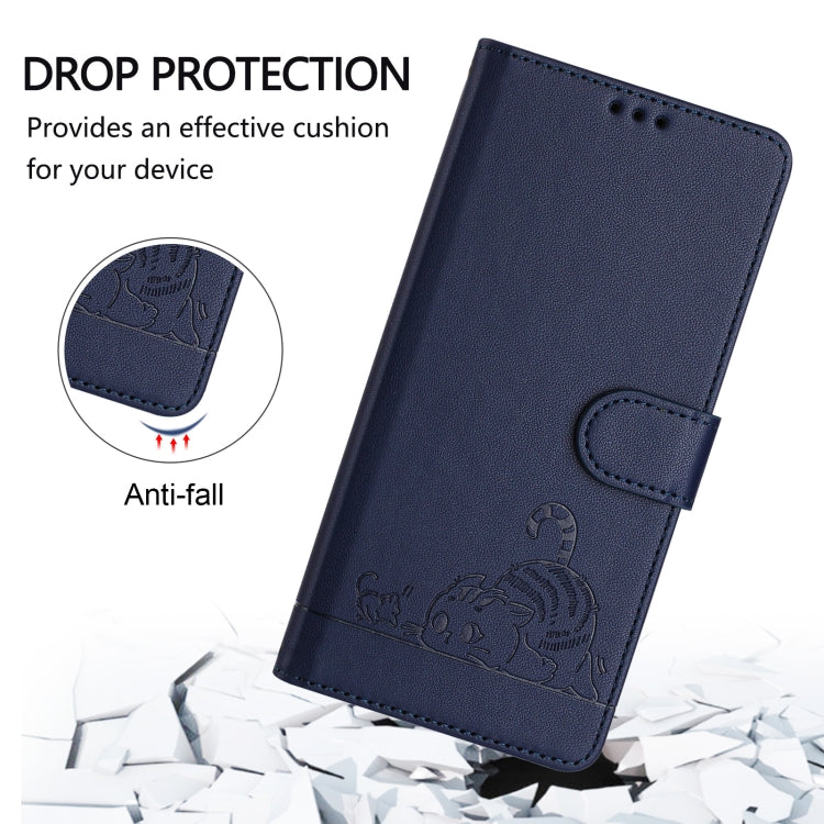 For Motorola Moto G Play 5G 2024 Global Cat Rat Embossed Pattern RFID Leather Phone Case with Lanyard(Blue) - Motorola Cases by buy2fix | Online Shopping UK | buy2fix