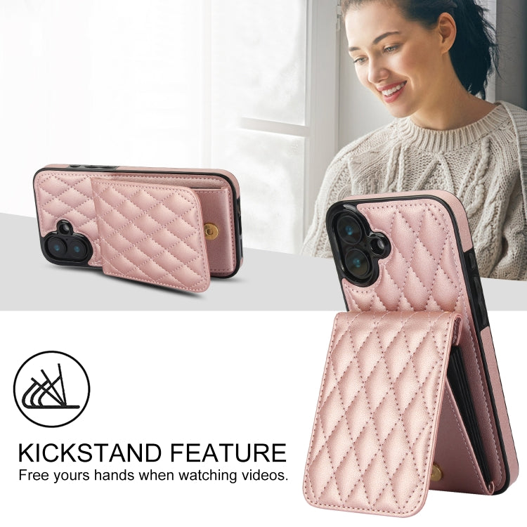 For iPhone 16 YM015 Crossbody Rhombic Card Bag RFID Phone Case(Rose Gold) - iPhone 16 Cases by buy2fix | Online Shopping UK | buy2fix