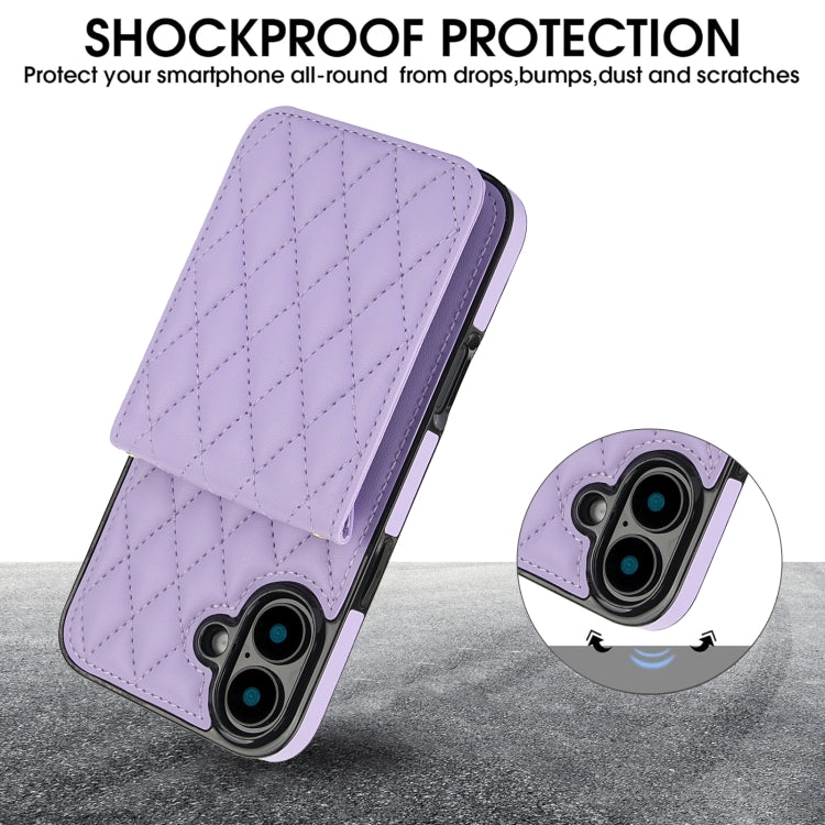 For iPhone 16 YM015 Crossbody Rhombic Card Bag RFID Phone Case(Light Purple) - iPhone 16 Cases by buy2fix | Online Shopping UK | buy2fix