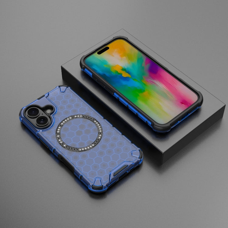 For iPhone 16 Honeycomb Magnetic Ring Shockproof Phone Case(Blue) - iPhone 16 Cases by buy2fix | Online Shopping UK | buy2fix