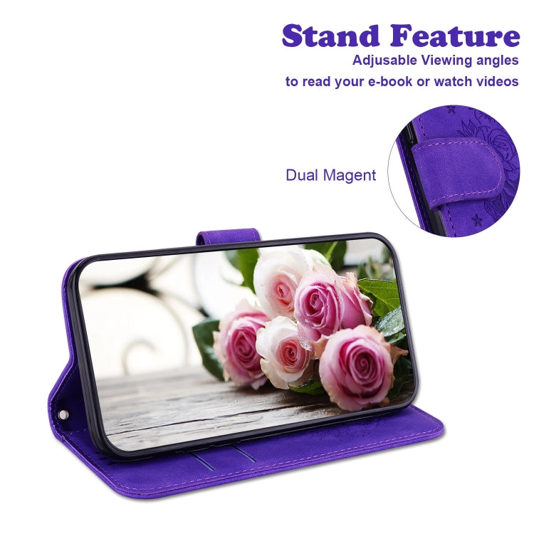 For iPhone 16 Butterfly Rose Embossed Leather Phone Case(Purple) - iPhone 16 Cases by buy2fix | Online Shopping UK | buy2fix