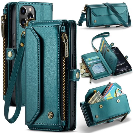 For iPhone 12 Pro CaseMe C36 Card Slots Zipper Wallet RFID Anti-theft Leather Phone Case(Blue-green) - iPhone 12 / 12 Pro Cases by CaseMe | Online Shopping UK | buy2fix