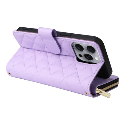 For iPhone 16 Pro Max Crossbody Rhombic Zipper Tower Buckle Leather Phone Case with Lanyard(Purple) - iPhone 16 Pro Max Cases by buy2fix | Online Shopping UK | buy2fix