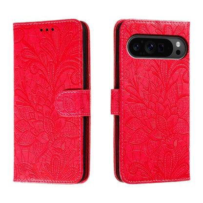 For Google Pixel 9 Pro Lace Flower Embossing Flip Leather Phone Case(Red) - Google Cases by buy2fix | Online Shopping UK | buy2fix