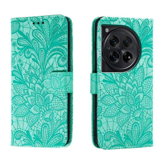 For OnePlus 12 Lace Flower Embossing Flip Leather Phone Case(Green) - OnePlus Cases by buy2fix | Online Shopping UK | buy2fix