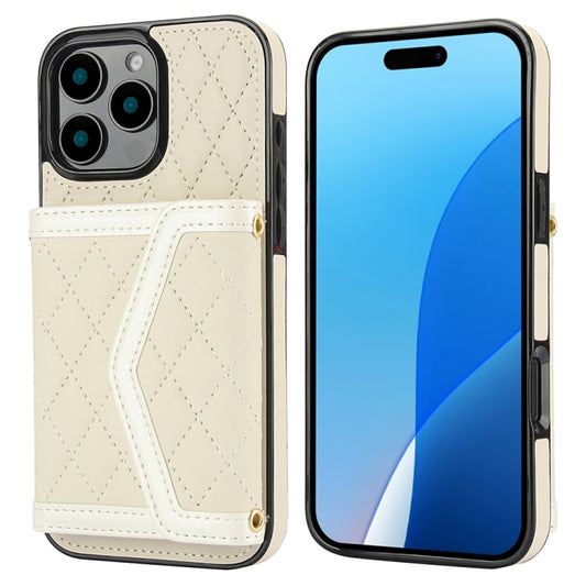 For iPhone 16 Pro Max Splicing Rhombic Texture Card Bag Phone Case with Long Lanyard(Beige) - iPhone 16 Pro Max Cases by buy2fix | Online Shopping UK | buy2fix