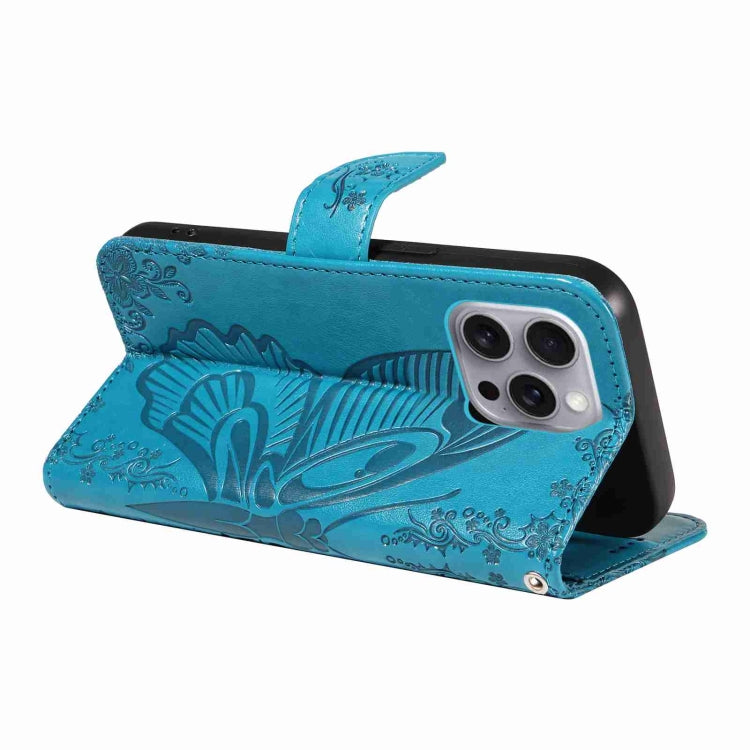 For iPhone 16 Pro Max Swallowtail Butterfly Embossed Leather Phone Case(Blue) - iPhone 16 Pro Max Cases by buy2fix | Online Shopping UK | buy2fix