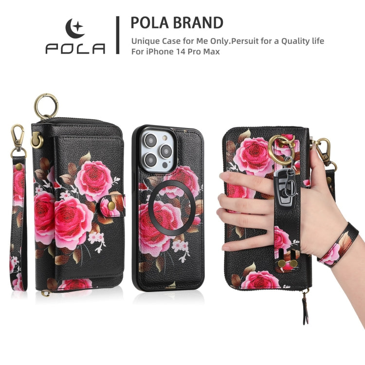 For iPhone 14 POLA MagSafe Flower Multi-functional Zipper Wallet Leather Phone Case(Black) - iPhone 14 Cases by buy2fix | Online Shopping UK | buy2fix