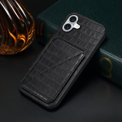 For iPhone 16 Imitation Crocodile Leather Back Phone Case with Holder(Black) - iPhone 16 Cases by buy2fix | Online Shopping UK | buy2fix