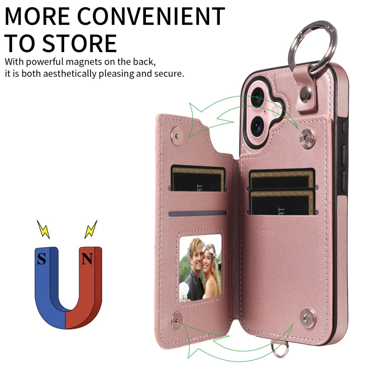 For iPhone 16 Rhombic Texture Card Bag Phone Case with Short Lanyard(Rose Gold) - iPhone 16 Cases by buy2fix | Online Shopping UK | buy2fix