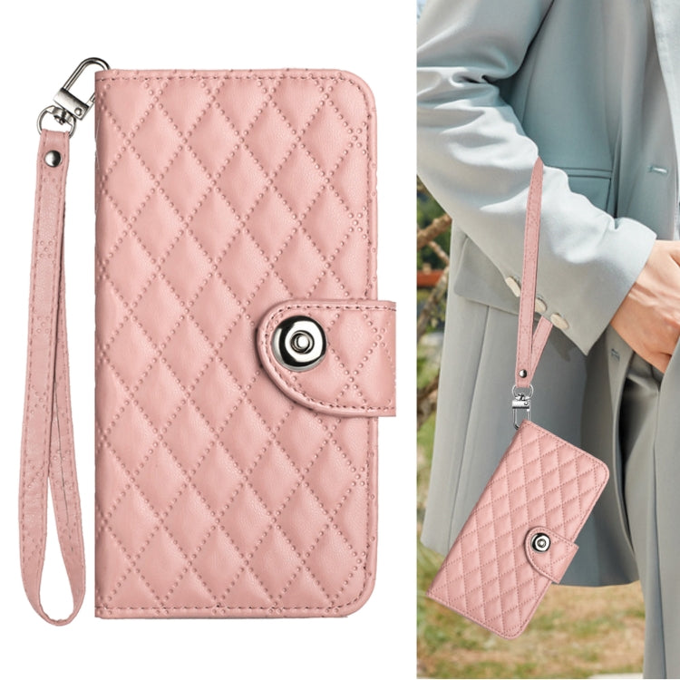 For Redmi K70 Ultra 5G Global Rhombic Texture Flip Leather Phone Case with Lanyard(Coral Pink) - Xiaomi Cases by buy2fix | Online Shopping UK | buy2fix