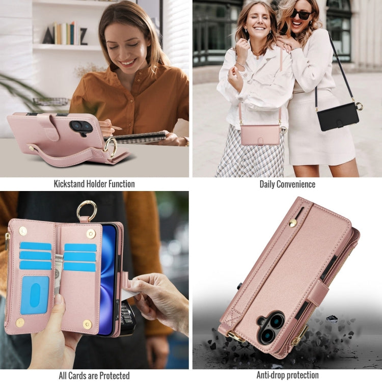 For iPhone 16 Plus Crossbody Ring Multifunctional Wallet Leather Phone Case(Rose Gold) - iPhone 16 Plus Cases by buy2fix | Online Shopping UK | buy2fix