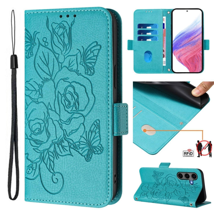 For Samsung Galaxy S25+ 5G Embossed Rose RFID Anti-theft Leather Phone Case(Light Blue) - Galaxy S25+ 5G Cases by buy2fix | Online Shopping UK | buy2fix