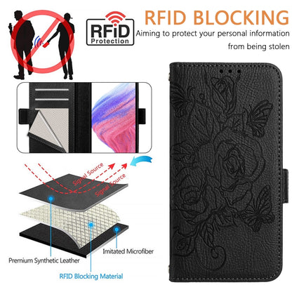 For OnePlus 11 Embossed Rose RFID Anti-theft Leather Phone Case(Black) - OnePlus Cases by buy2fix | Online Shopping UK | buy2fix