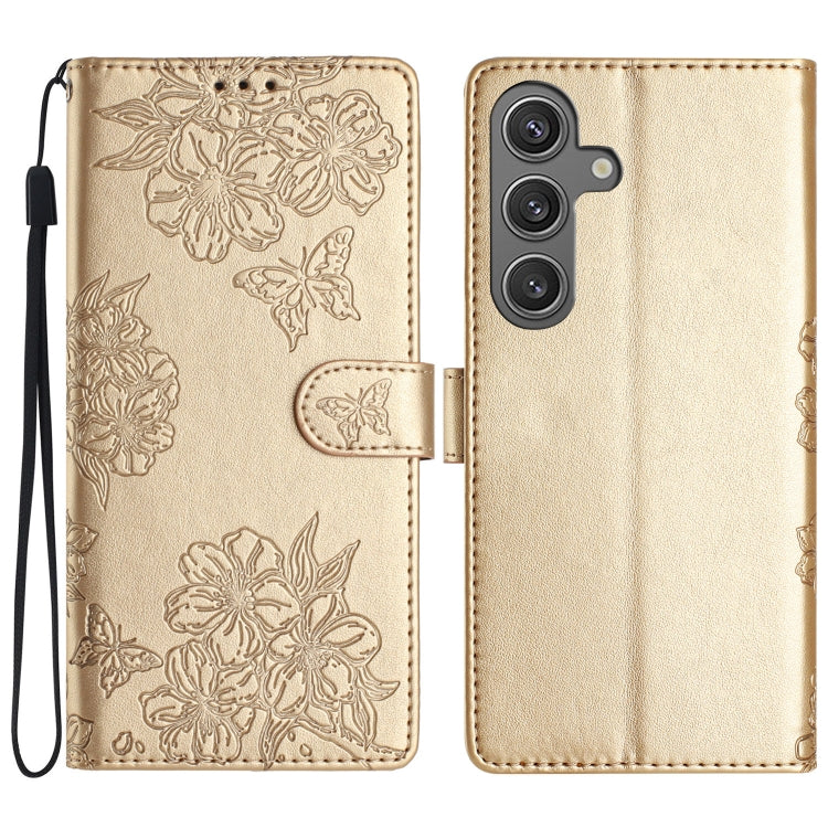 For Samsung Galaxy S25 5G Cherry Blossom Butterfly Skin Feel Embossed PU Phone Case(Gold) - Galaxy S25 5G Cases by buy2fix | Online Shopping UK | buy2fix