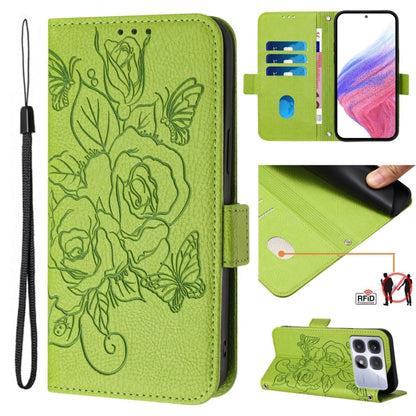 For Redmi K70 Ultra 5G Global Embossed Rose RFID Anti-theft Leather Phone Case(Green) - Xiaomi Cases by buy2fix | Online Shopping UK | buy2fix