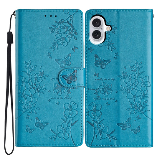 For iPhone 16 Plus Butterflies and Flowers Leather Phone Case(Blue) - iPhone 16 Plus Cases by buy2fix | Online Shopping UK | buy2fix