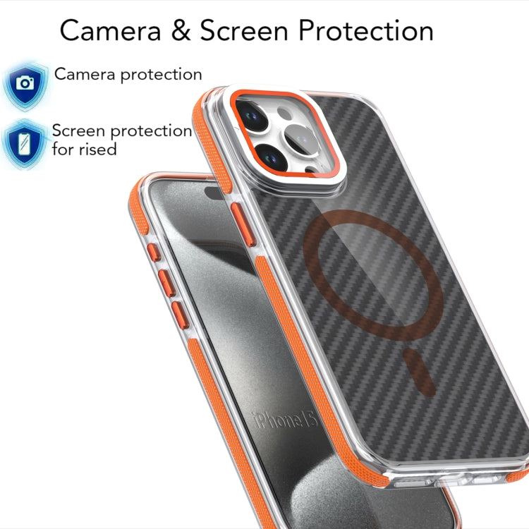 For iPhone 15 Pro Magsafe Dual-Color Carbon Fiber Lens Film Phone Case with Lens Fold Holder(Orange) - iPhone 15 Pro Cases by buy2fix | Online Shopping UK | buy2fix