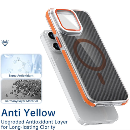 For iPhone 16 Plus Magsafe Dual-Color Carbon Fiber Lens Film Phone Case with Lens Fold Holder(Orange) - iPhone 16 Plus Cases by buy2fix | Online Shopping UK | buy2fix