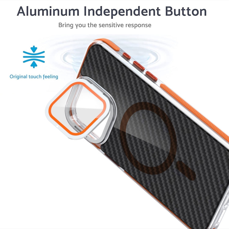 For iPhone 16 Plus Magsafe Dual-Color Carbon Fiber Lens Film Phone Case with Lens Fold Holder(Orange) - iPhone 16 Plus Cases by buy2fix | Online Shopping UK | buy2fix