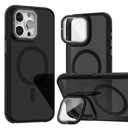 For iPhone 16 Pro Magsafe Dual-Color Skin Feel Lens Film Phone Case with Lens Fold Holder(Black) - iPhone 16 Pro Cases by buy2fix | Online Shopping UK | buy2fix