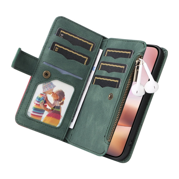 For iPhone 16 Plus Dual-color 9 Card Slots Zipper Wallet Leather Phone Case(Green) - iPhone 16 Plus Cases by buy2fix | Online Shopping UK | buy2fix