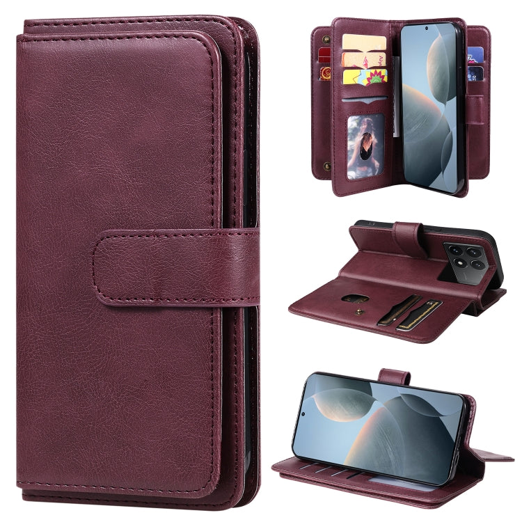 For Redmi K70 Multi-Function Wallet 10 Card Slots Leather Phone Case(Claret) - K70 Cases by buy2fix | Online Shopping UK | buy2fix