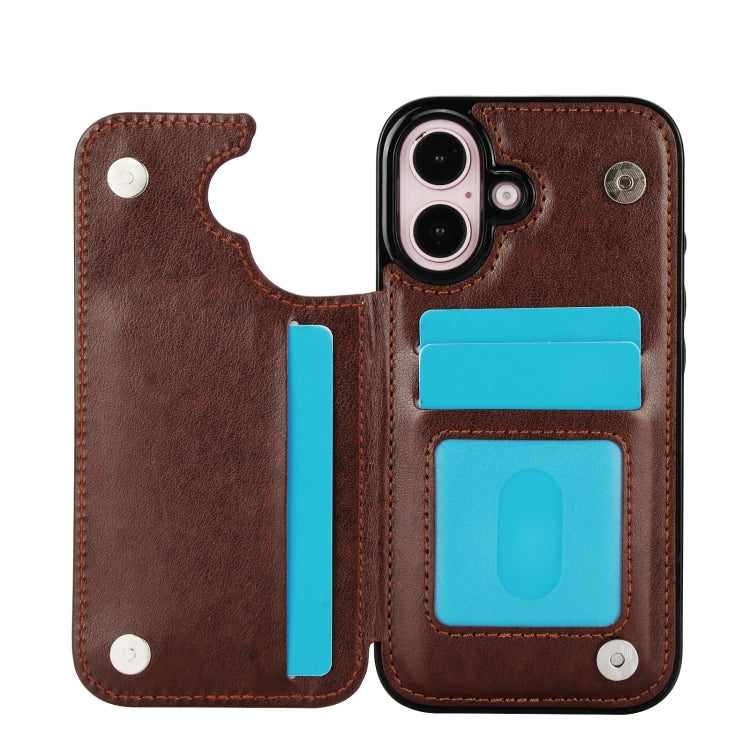 For iPhone 16 Plus Double Buckle Butterfly Embossing PU Phone Case(Brown) - iPhone 16 Plus Cases by buy2fix | Online Shopping UK | buy2fix