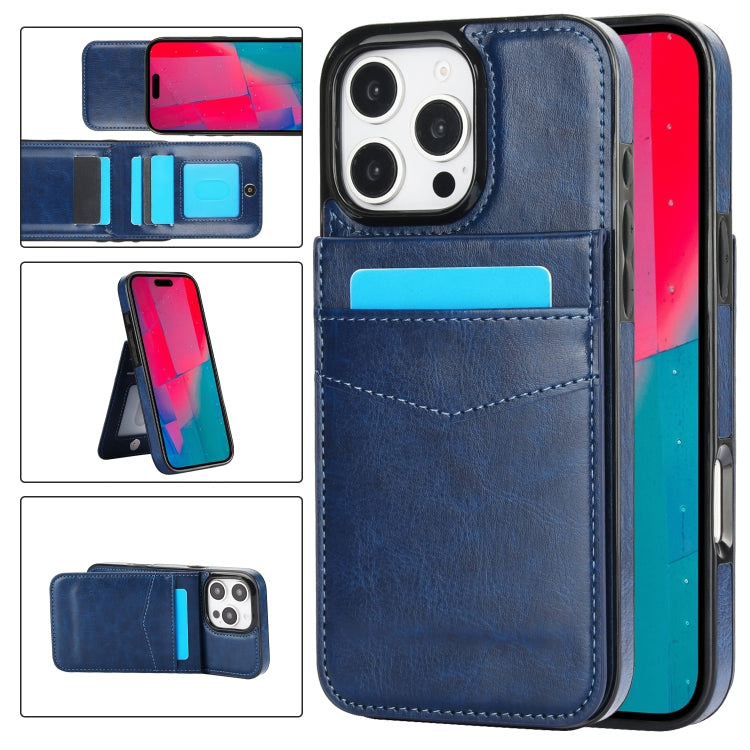 For iPhone 16 Pro Solid Color Card Slots Bracket PU Phone Case(Blue) - iPhone 16 Pro Cases by buy2fix | Online Shopping UK | buy2fix