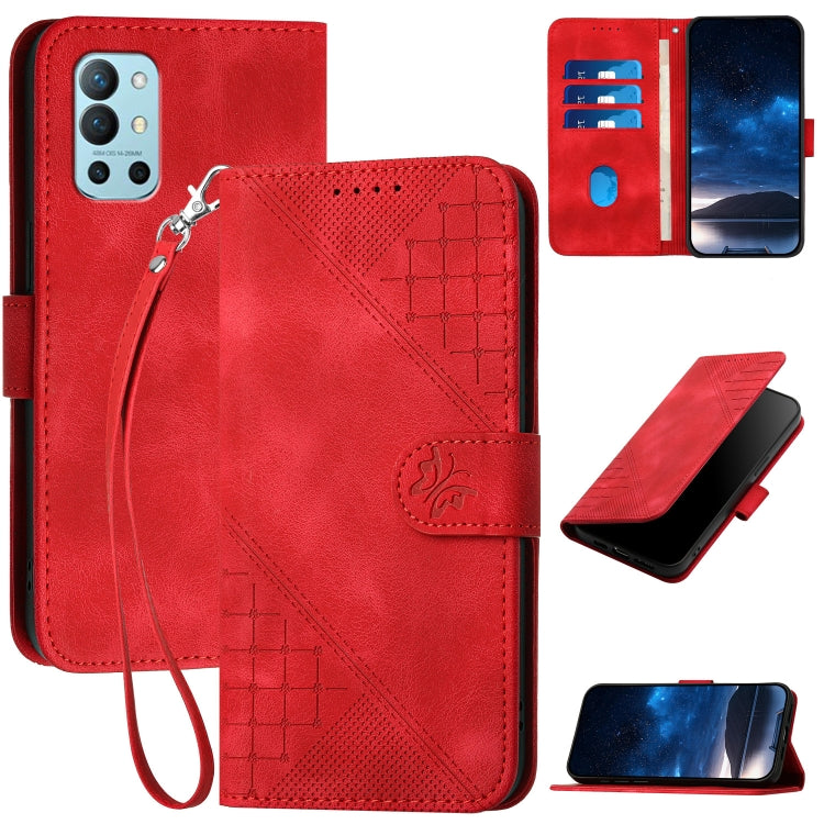 For OnePlus 11 YX0080 Grid Butterfly Embossed Pattern Flip Leather Phone Case with Lanyard(Red) - OnePlus Cases by buy2fix | Online Shopping UK | buy2fix