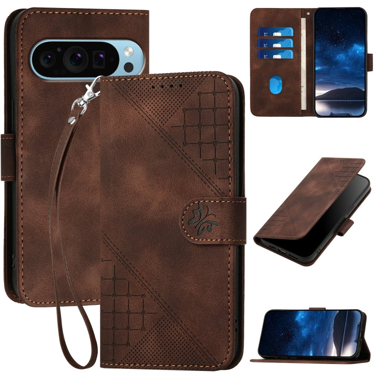 For Google Pixel 9 / 9 Pro YX0080 Grid Butterfly Embossed Pattern Flip Leather Phone Case with Lanyard(Coffee) - Google Cases by buy2fix | Online Shopping UK | buy2fix