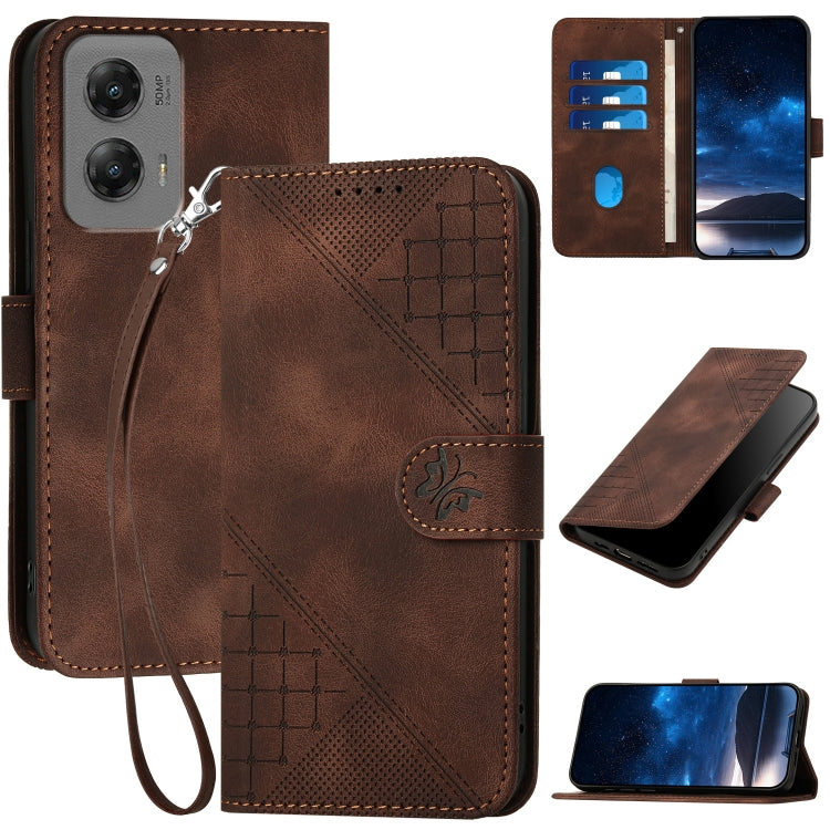 For Motorola Moto G Stylus 5G 2024 YX0080 Grid Butterfly Embossed Pattern Flip Leather Phone Case with Lanyard(Coffee) - Motorola Cases by buy2fix | Online Shopping UK | buy2fix