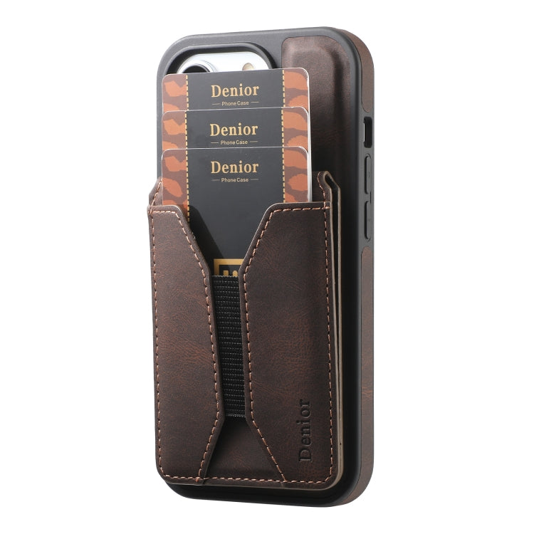 For iPhone 16 Plus Denior D18 Skin Feel Rotating Holder MagSafe Detachable Card Slot Phone Case(Brown) - iPhone 16 Plus Cases by Denior | Online Shopping UK | buy2fix