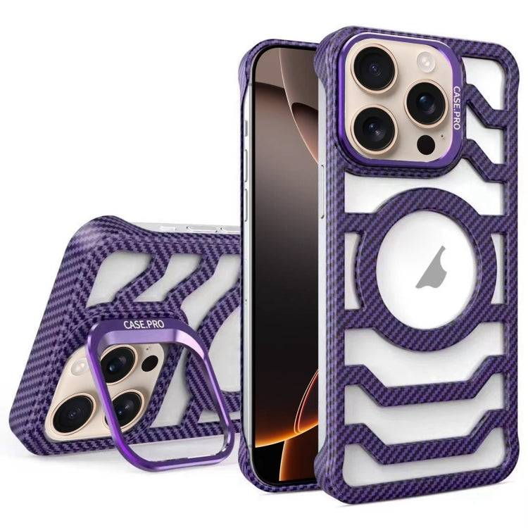 For iPhone 16 Pro Borderless Carbon Fiber Lens Protection Bracket MagSafe Phone Case(Purple) - iPhone 16 Pro Cases by buy2fix | Online Shopping UK | buy2fix