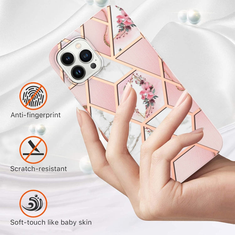 For iPhone 16 Pro Max Splicing Marble Flower IMD TPU Phone Case(Pink Flower) - iPhone 16 Pro Max Cases by buy2fix | Online Shopping UK | buy2fix