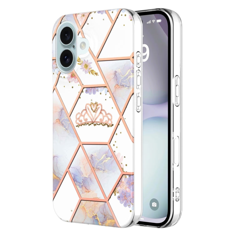 For iPhone 16 Splicing Marble Flower IMD TPU Phone Case(Crown) - iPhone 16 Cases by buy2fix | Online Shopping UK | buy2fix