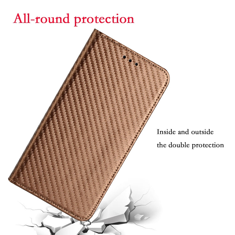 For iPhone 16 Plus Carbon Fiber Texture Magnetic Flip Leather Phone Case(Brown) - iPhone 16 Plus Cases by buy2fix | Online Shopping UK | buy2fix