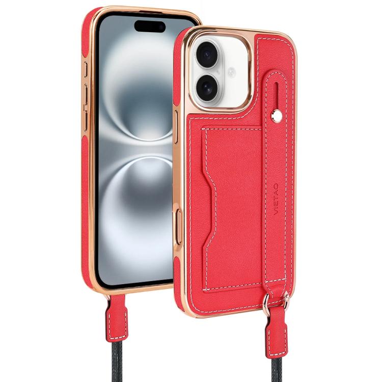 For iPhone 16 VIETAO Card Slot Wristband Phone Case with Lanyard(Red) - iPhone 16 Cases by VIETAO | Online Shopping UK | buy2fix