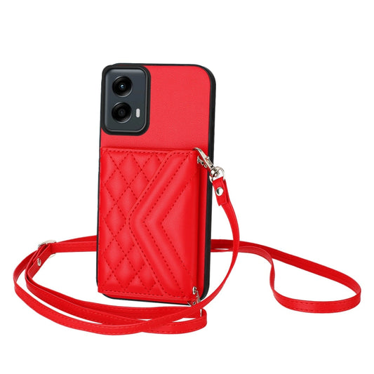 For Motorola Moto G 5G 2024 Rhombic Texture Card Bag RFID Phone Case with Long Lanyard(Red) - Motorola Cases by buy2fix | Online Shopping UK | buy2fix