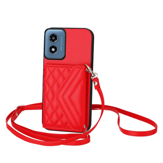 For Motorola Moto G Play 2024 5G Rhombic Texture Card Bag RFID Phone Case with Long Lanyard(Red) - Motorola Cases by buy2fix | Online Shopping UK | buy2fix