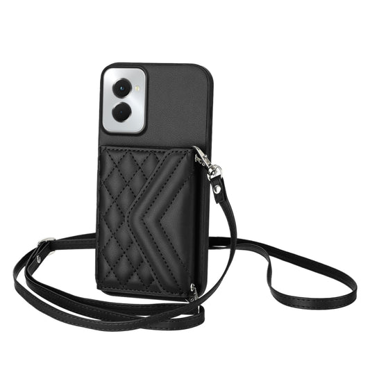 For Motorola Moto G Power 2024 5G Rhombic Texture Card Bag RFID Phone Case with Long Lanyard(Black) - Motorola Cases by buy2fix | Online Shopping UK | buy2fix