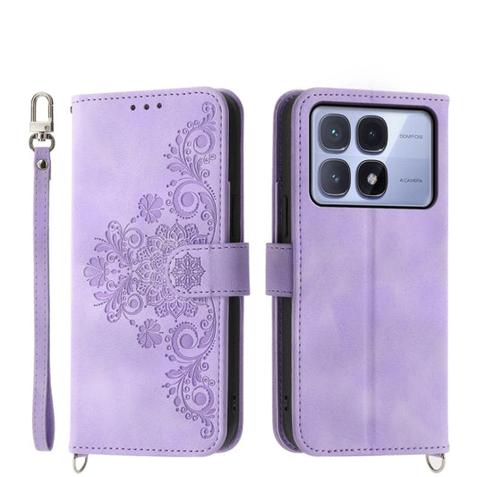 For Redmi K70 Ultra Skin Feel Flowers Embossed Wallet Leather Phone Case(Purple) - Xiaomi Cases by buy2fix | Online Shopping UK | buy2fix