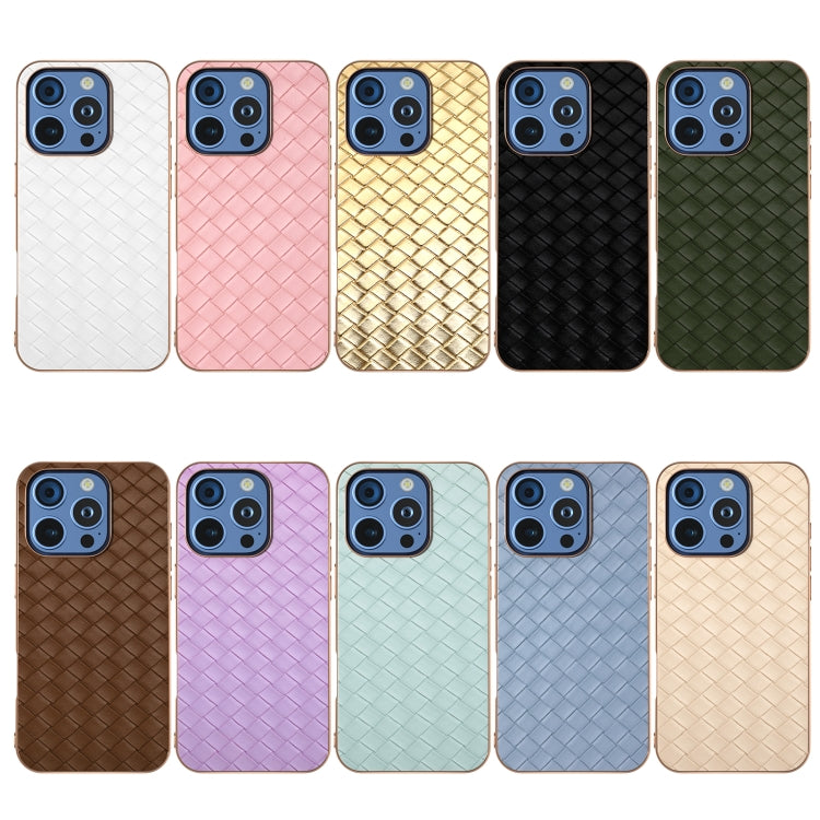 For iPhone 16 Pro Max Electroplated Frame Woven Texture PU Phone Case(Beige) - iPhone 16 Pro Max Cases by buy2fix | Online Shopping UK | buy2fix