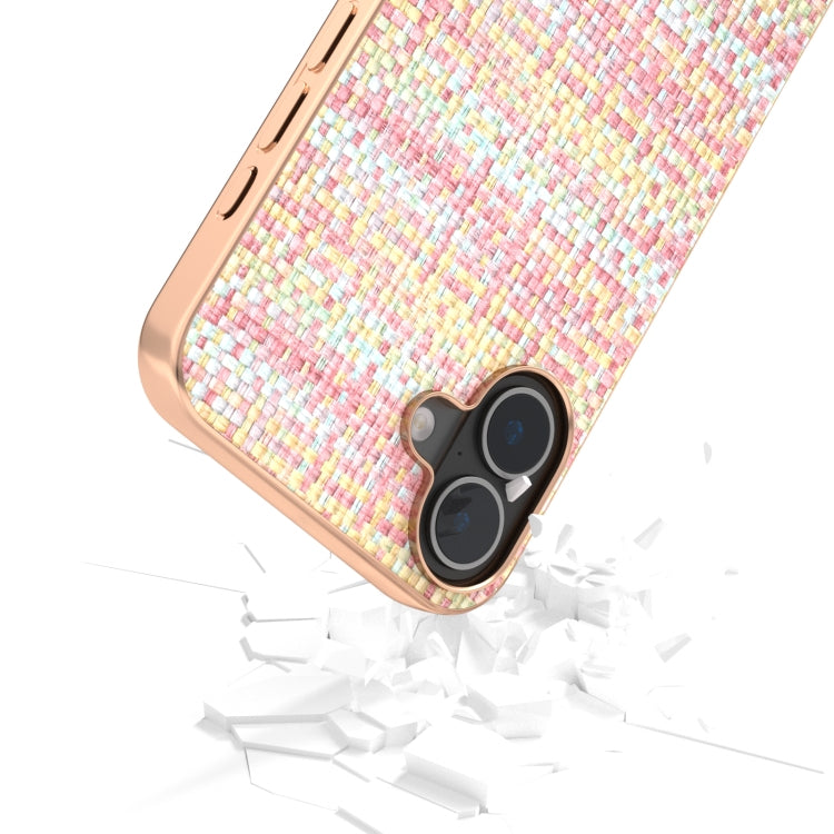 For iPhone 16 Electroplated Frame Color Lattice Texture PU Phone Case(Pink) - iPhone 16 Cases by buy2fix | Online Shopping UK | buy2fix