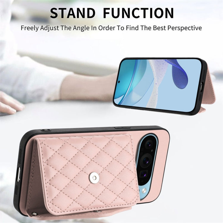 For Google Pixel 9 Pro XL Rhombic Texture Card Bag RFID Phone Case with Long Lanyard(Rose Gold) - Google Cases by buy2fix | Online Shopping UK | buy2fix