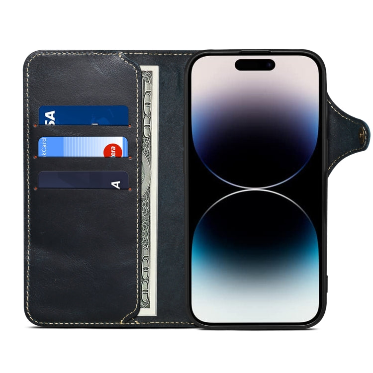 For iPhone 16 Plus Denior B01 Oil Wax Cowhide Magnetic Button Genuine Leather Case(Blue) - iPhone 16 Plus Cases by Denior | Online Shopping UK | buy2fix